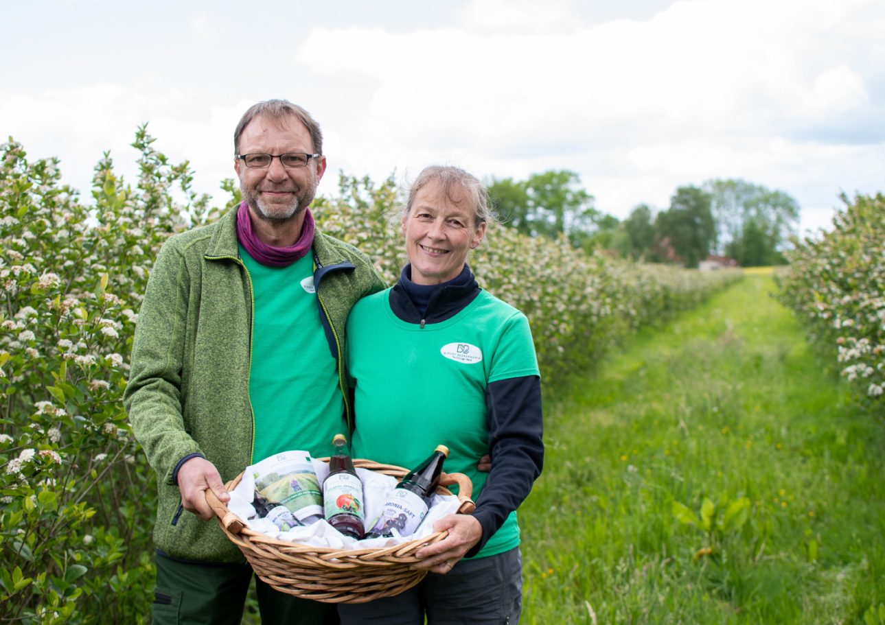 Mann und Frau im grünem Tisch stehen in einem Feld mit angebautem Aronia.